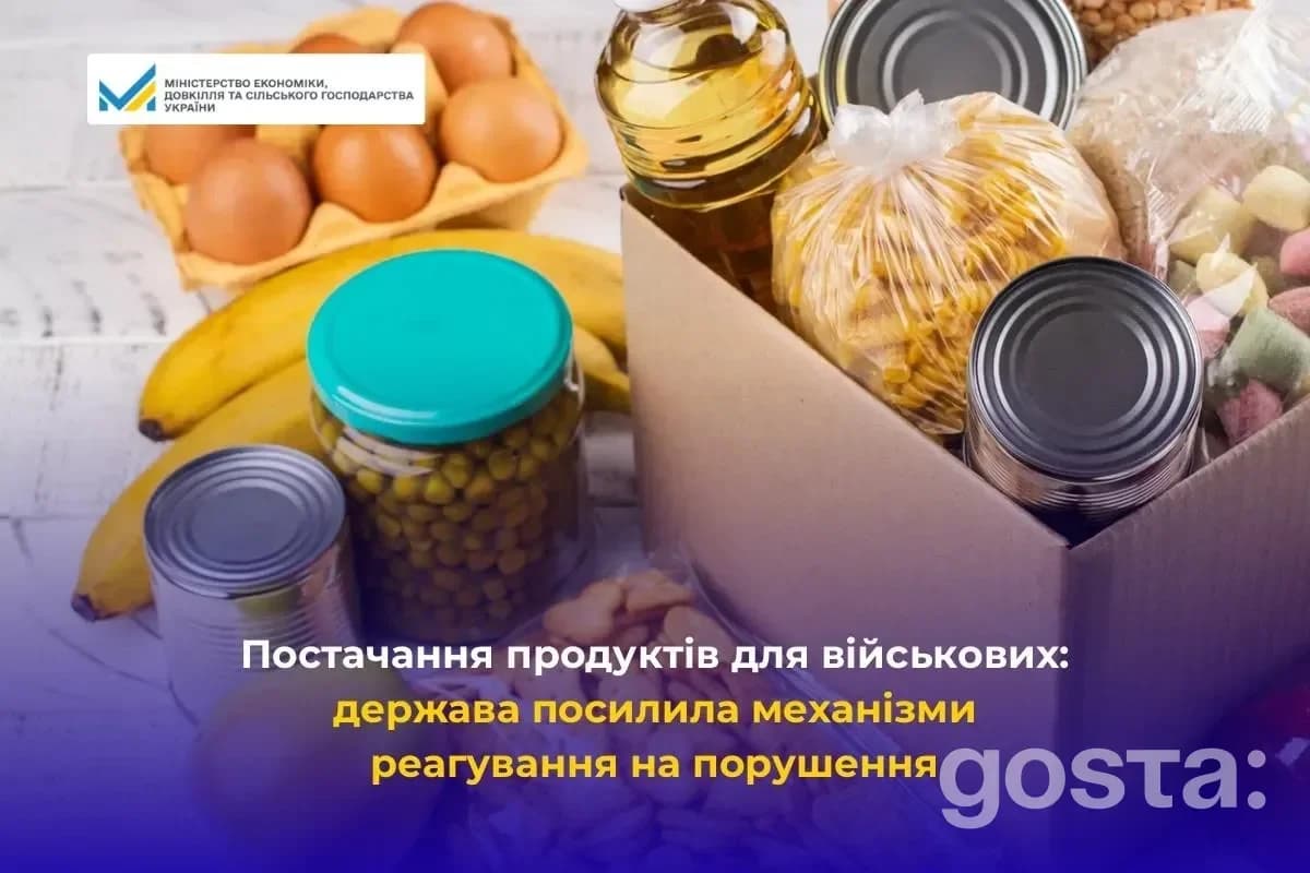 На зображенні різноманітні продукти харчування для військових з акцентом на якість та безпеку постачання.