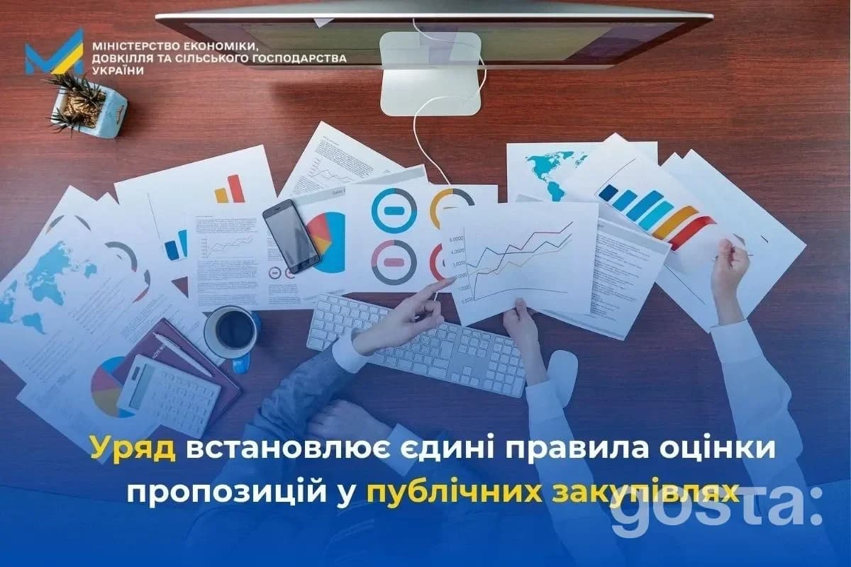 На зображенні зображені люди, що працюють з документами, графіками та ноутбуком, ілюструючи процес оцінки закупівель.