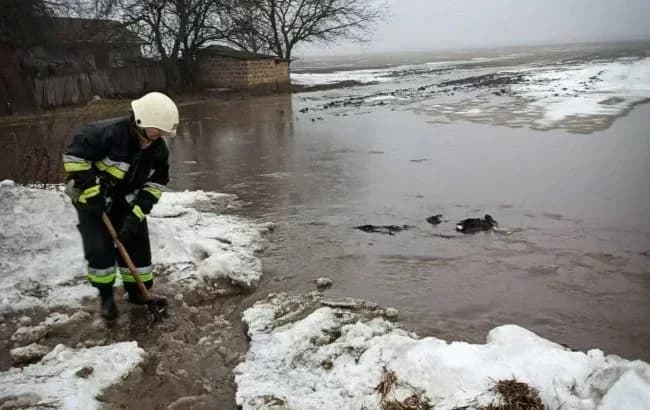 Рятувальник у спецодязі оглядає затоплений снігом берег річки