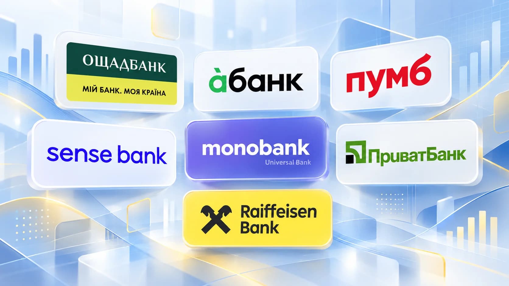Логотипи семи банківських брендів у порівнянні рахунків ФОП