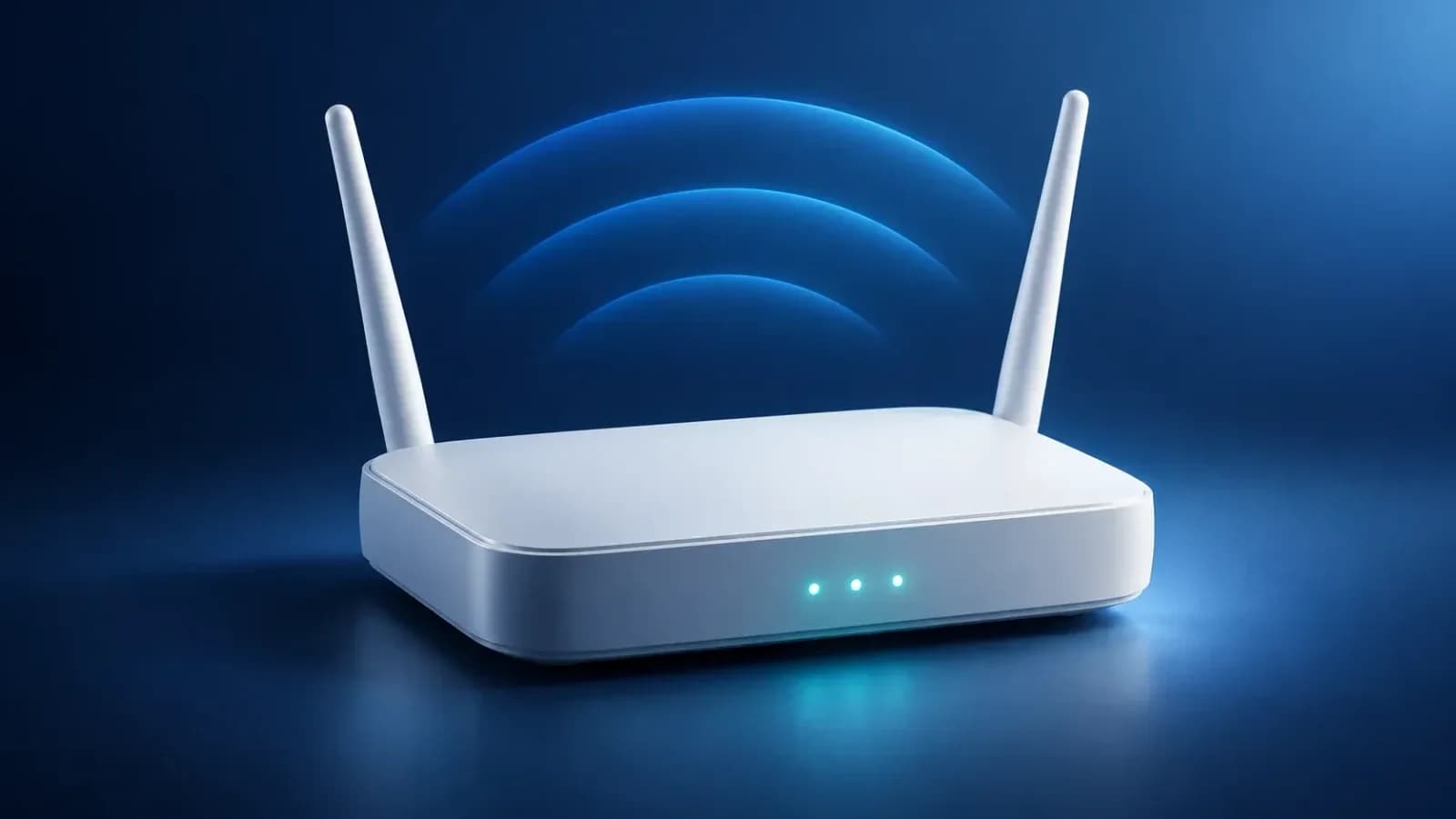 Білий Wi-Fi роутер із хвилями сигналу на темно-синьому тлі — інтернет без світла