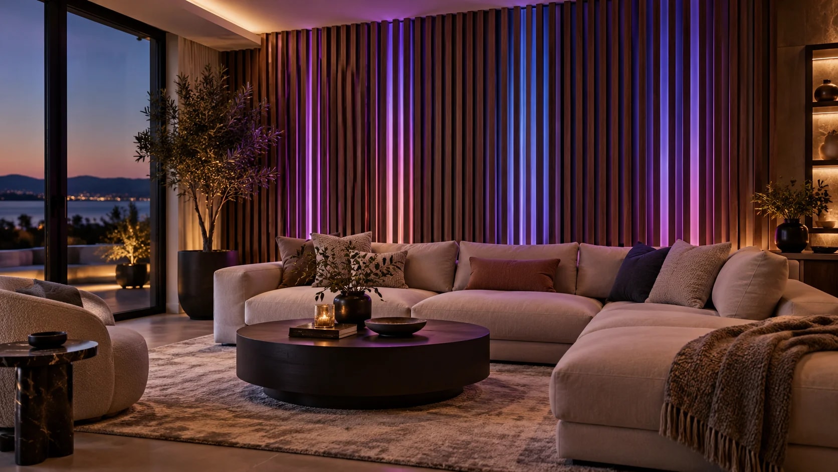 LEDSpace BLAQ IRIS - приховане кольорове LED-підсвічування дерев'яних рейкових панелей у сучасній вітальні