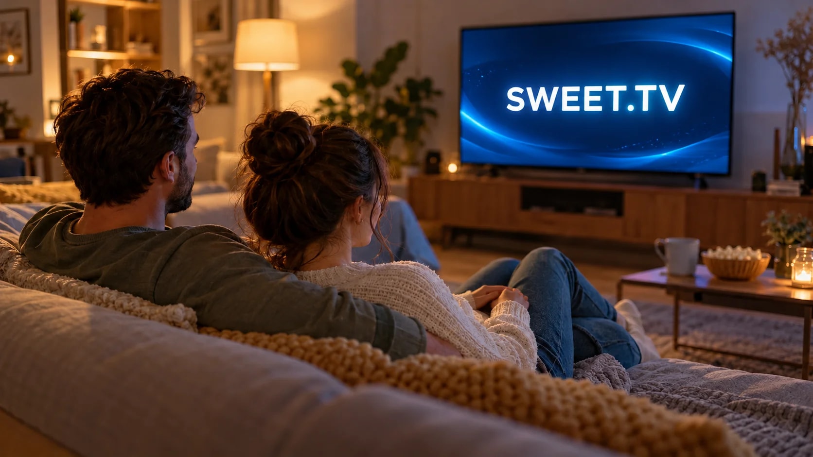 Пара дивиться телевізор з логотипом SWEET.TV на екрані.