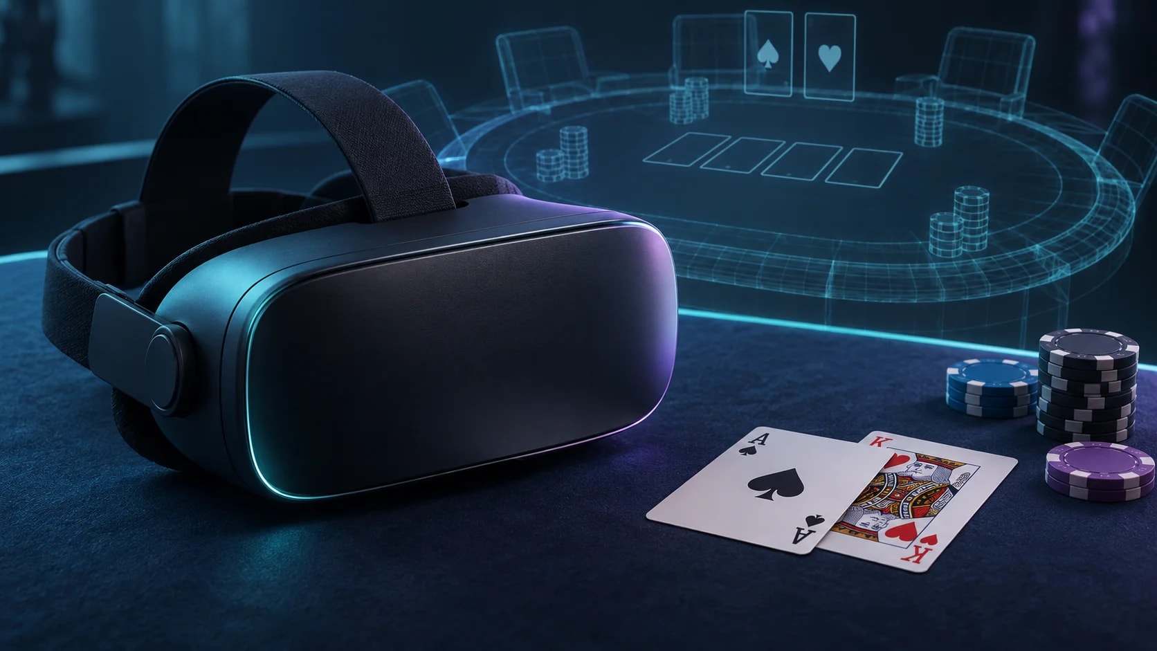 VR-гарнітура, гральні карти та віртуальний покерний стіл
