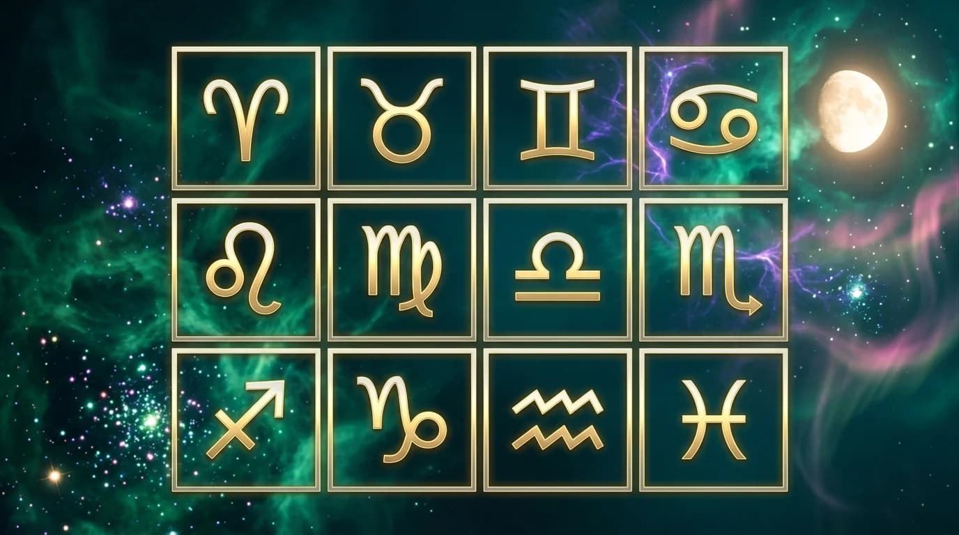 Astrological composition with zodiac symbols for horoscope on June 26, 2026