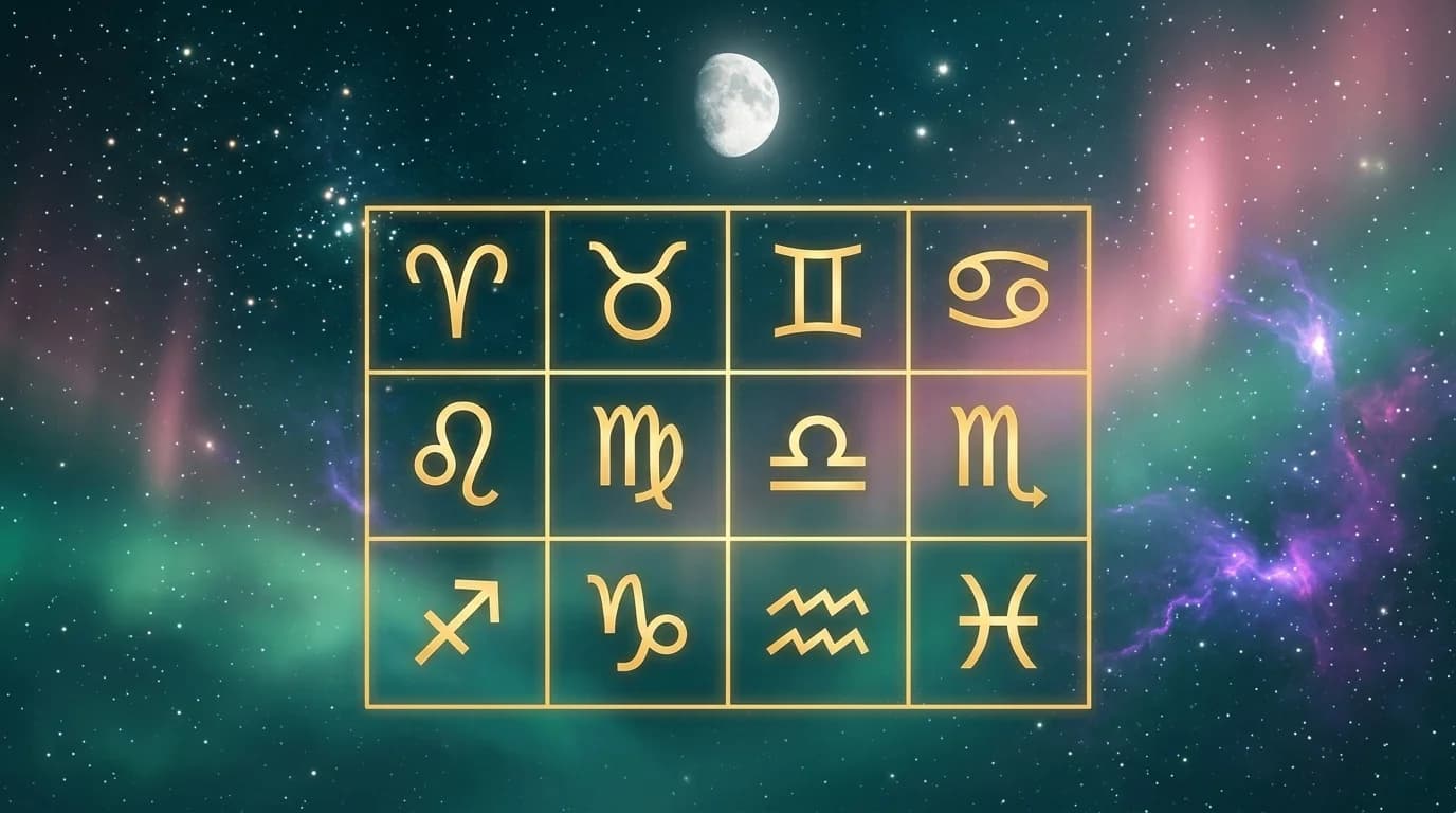 Astrological composition with zodiac symbols for horoscope on June 27, 2026