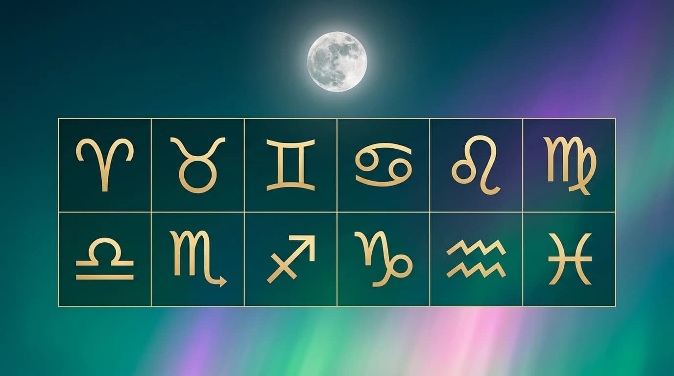 Astrological composition with zodiac symbols for horoscope on July 1, 2026