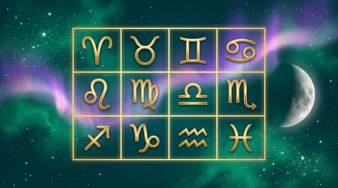 Astrological composition with zodiac symbols for horoscope on July 6, 2026