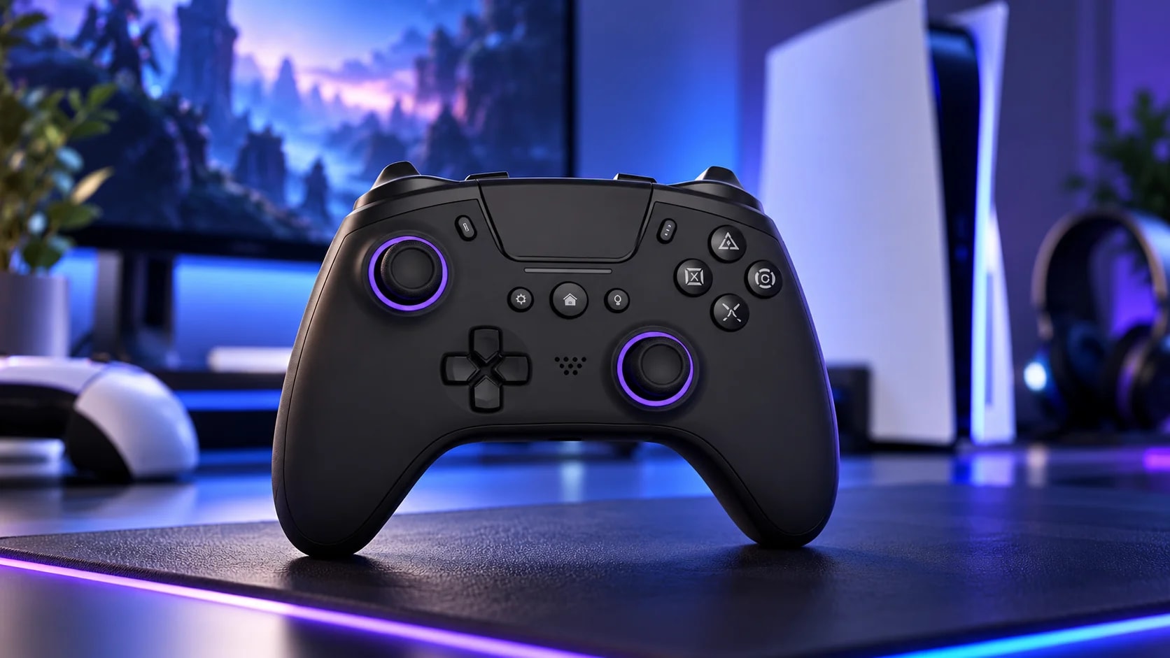 Контролер Brook StarRay для PlayStation 5 з асиметричними стіками Xbox, механічними кнопками та фіолетовим RGB-підсвічуванням