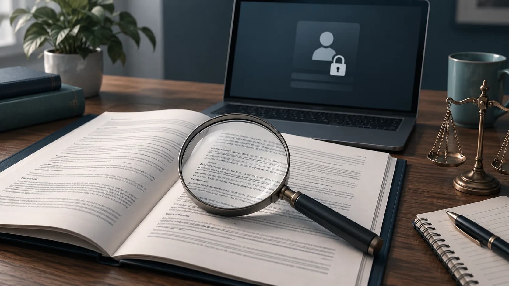 Documents and a magnifying glass beside a laptop showing a locked account