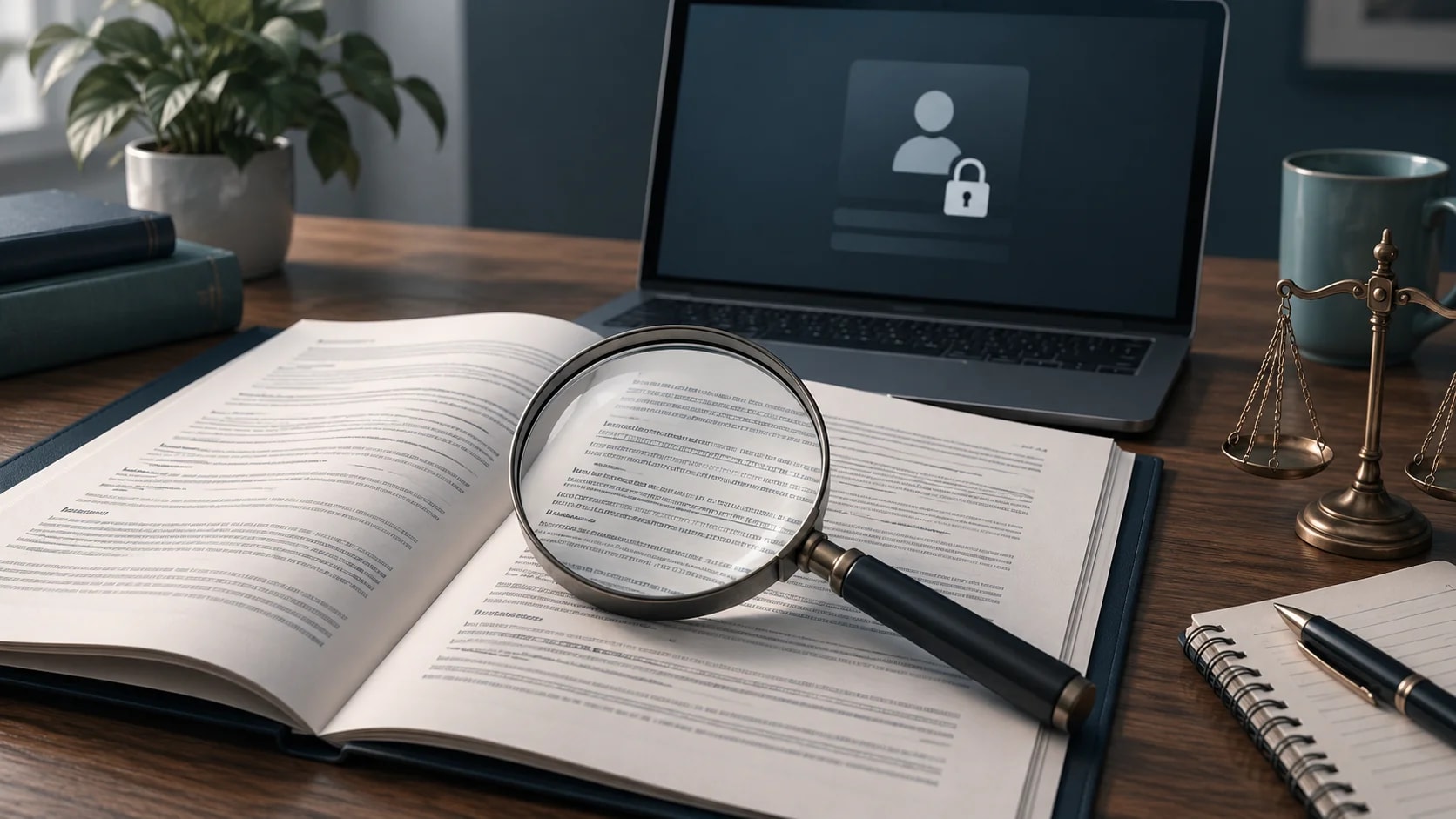 Documents and a magnifying glass beside a laptop showing a locked account