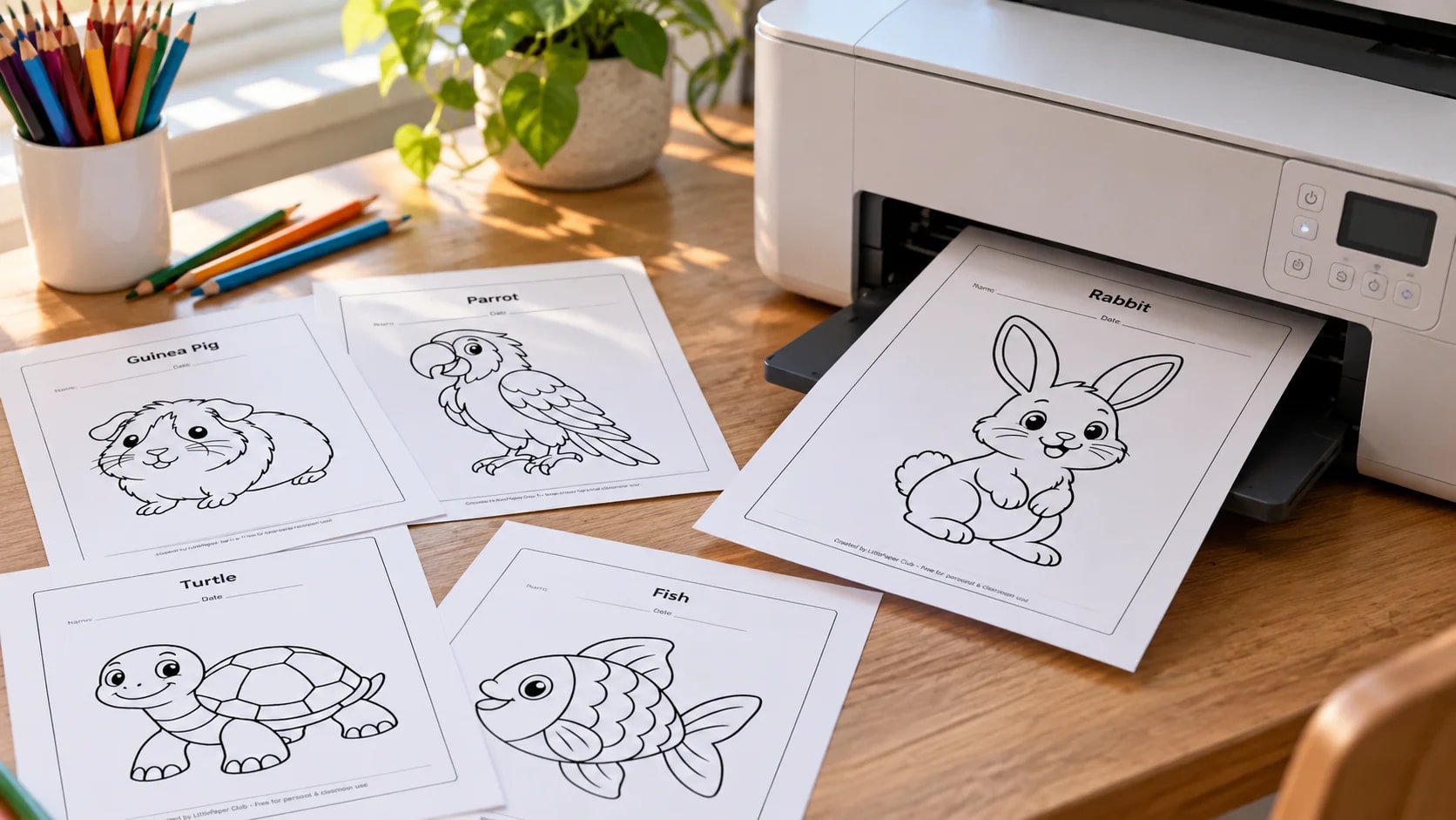 Home printer, colored pencils and printable pet coloring sheets on a wooden table