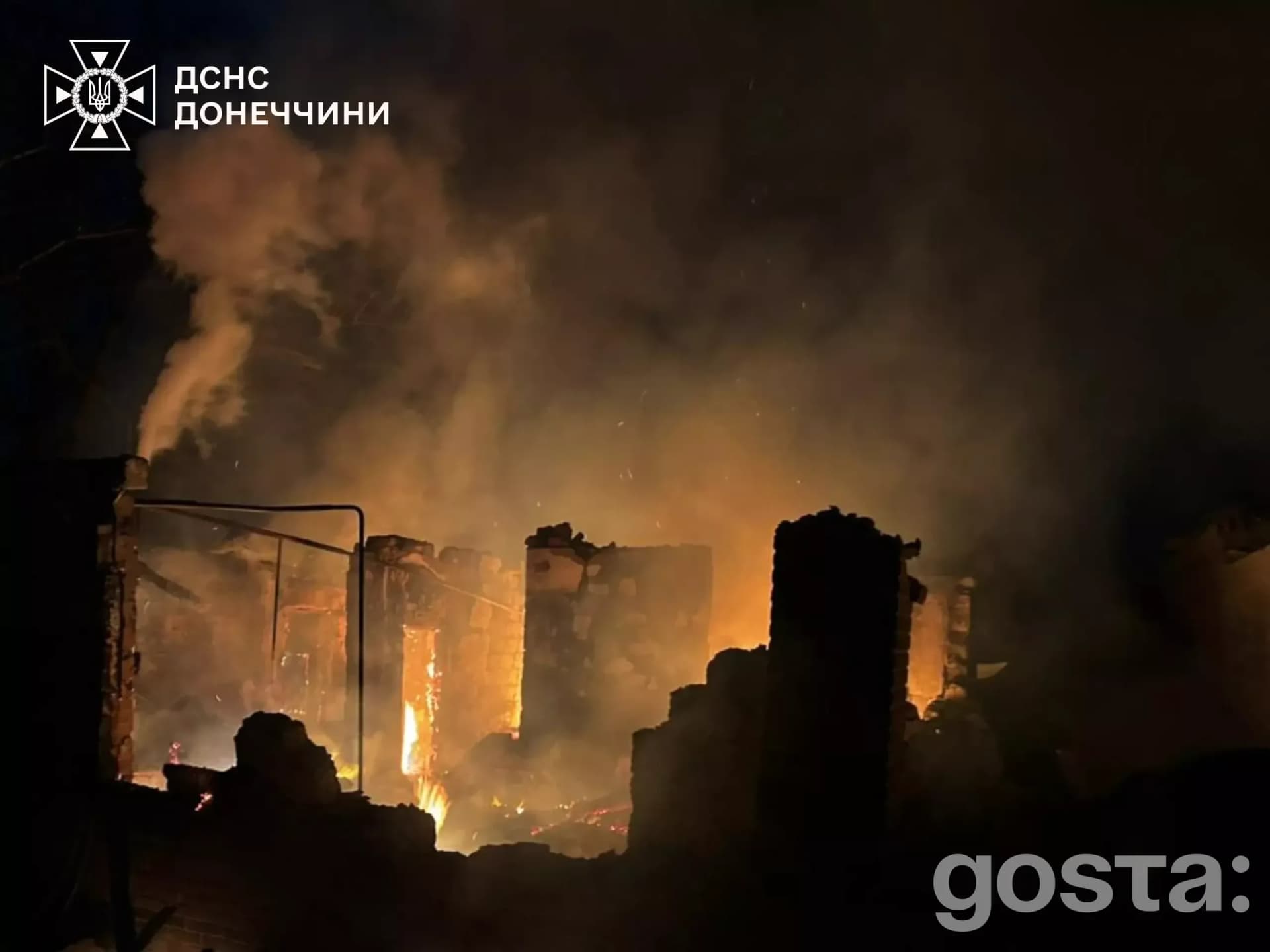 Пожежа внаслідок обстрілів житлових будинків у Донецькій області, ліквідація вогню рятувальниками.