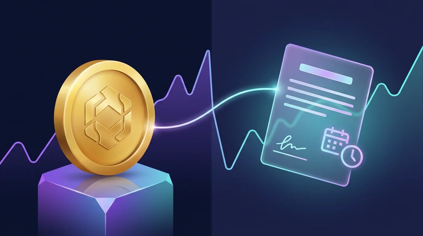 Криптомонета на постаменті й цифровий ф'ючерсний контракт, пов'язані лінією ціни