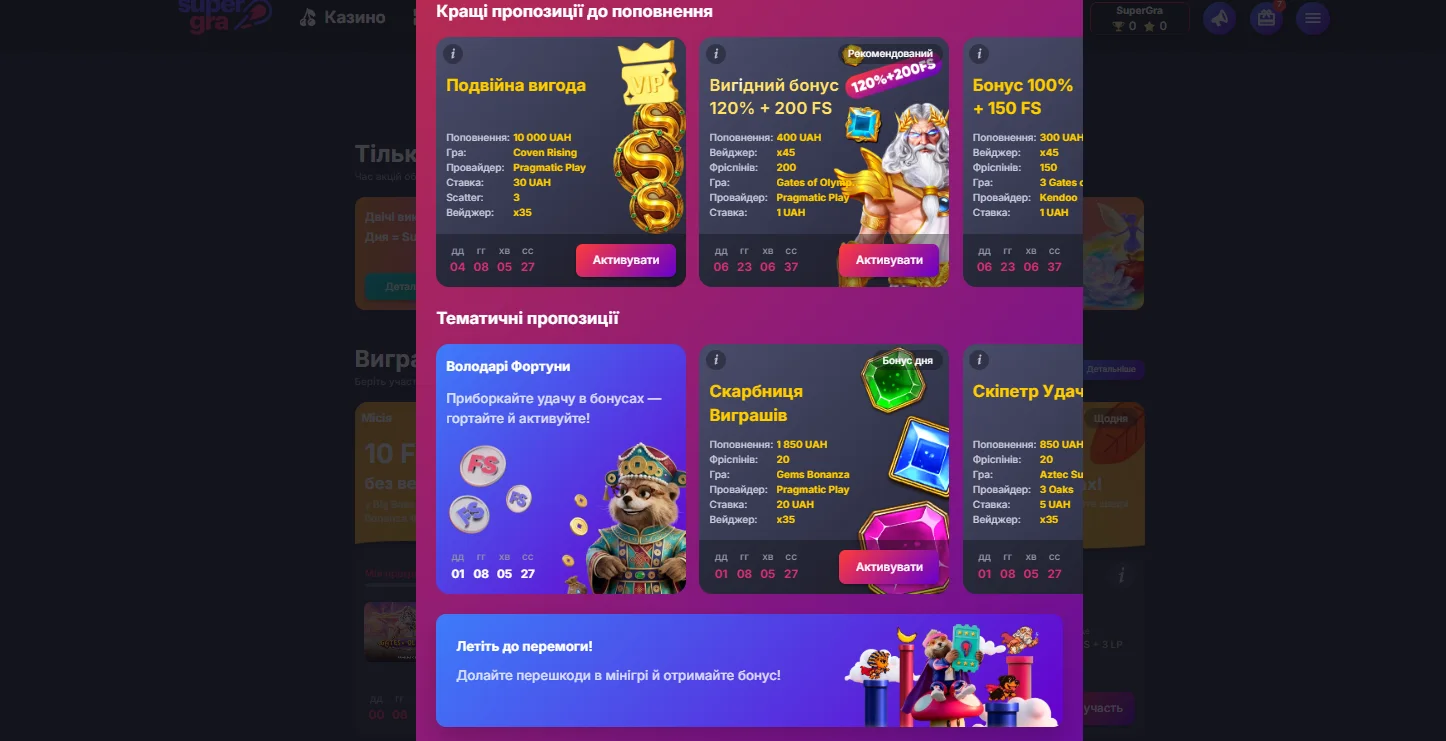 Вітальний бонус казино SuperGra – до 175 000 грн + 500 Free Spins