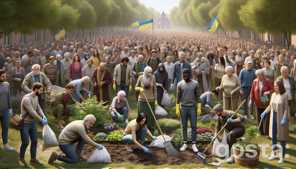 Українські добровольці з прапором України на фоні