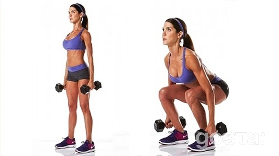 Силові тренування – комплекс вправ для заняття у спортзалі: Присідання з гантелями