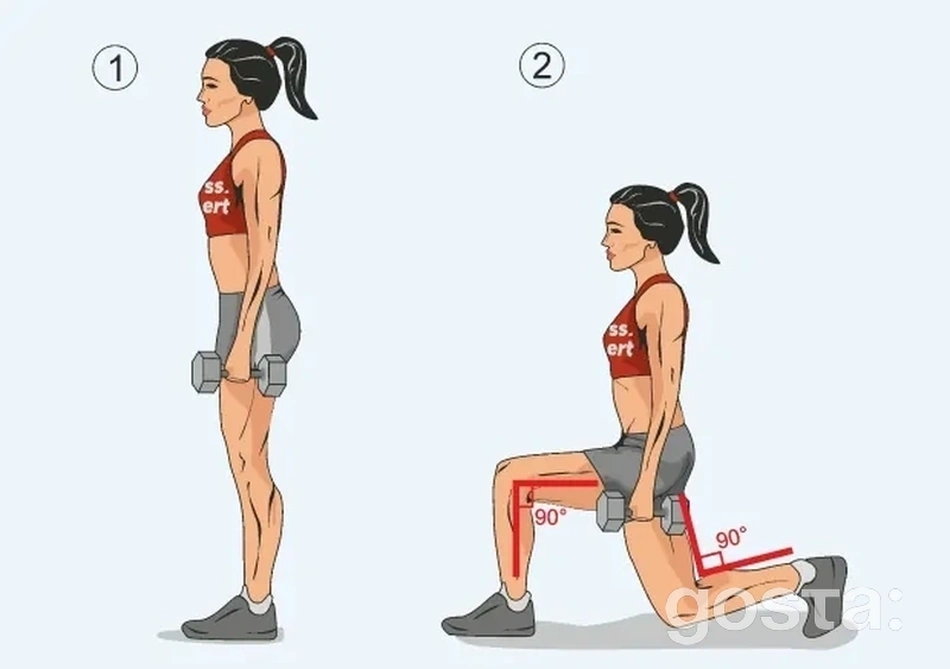 Силові тренування – комплекс вправ для заняття у спортзалі: Випади з гантелями