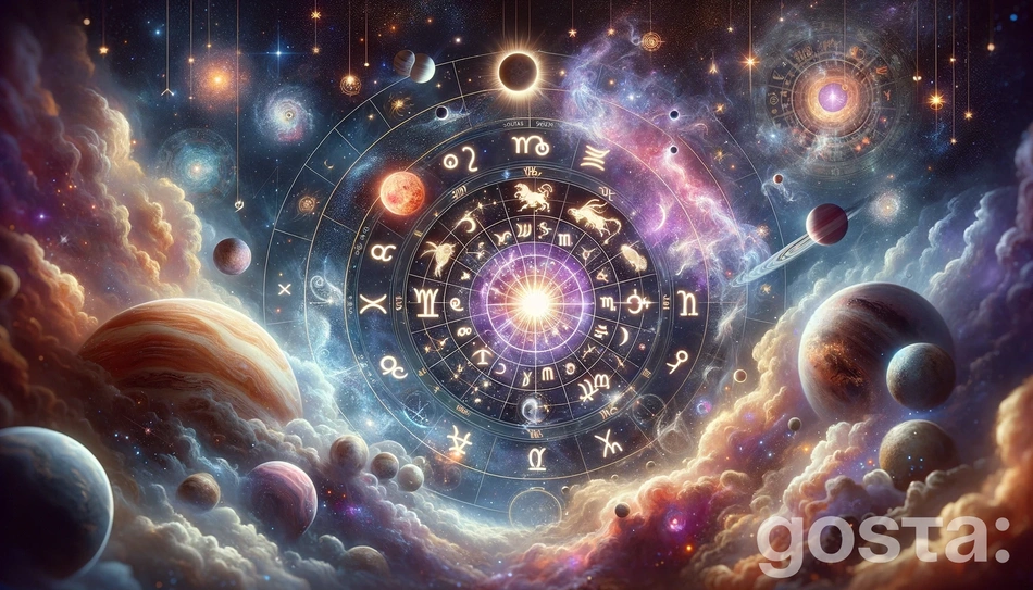 Зображення космічної тематики з зодіакальними сузір'ями та символами, зірками та планетами, що символізують астрологію та гороскопи