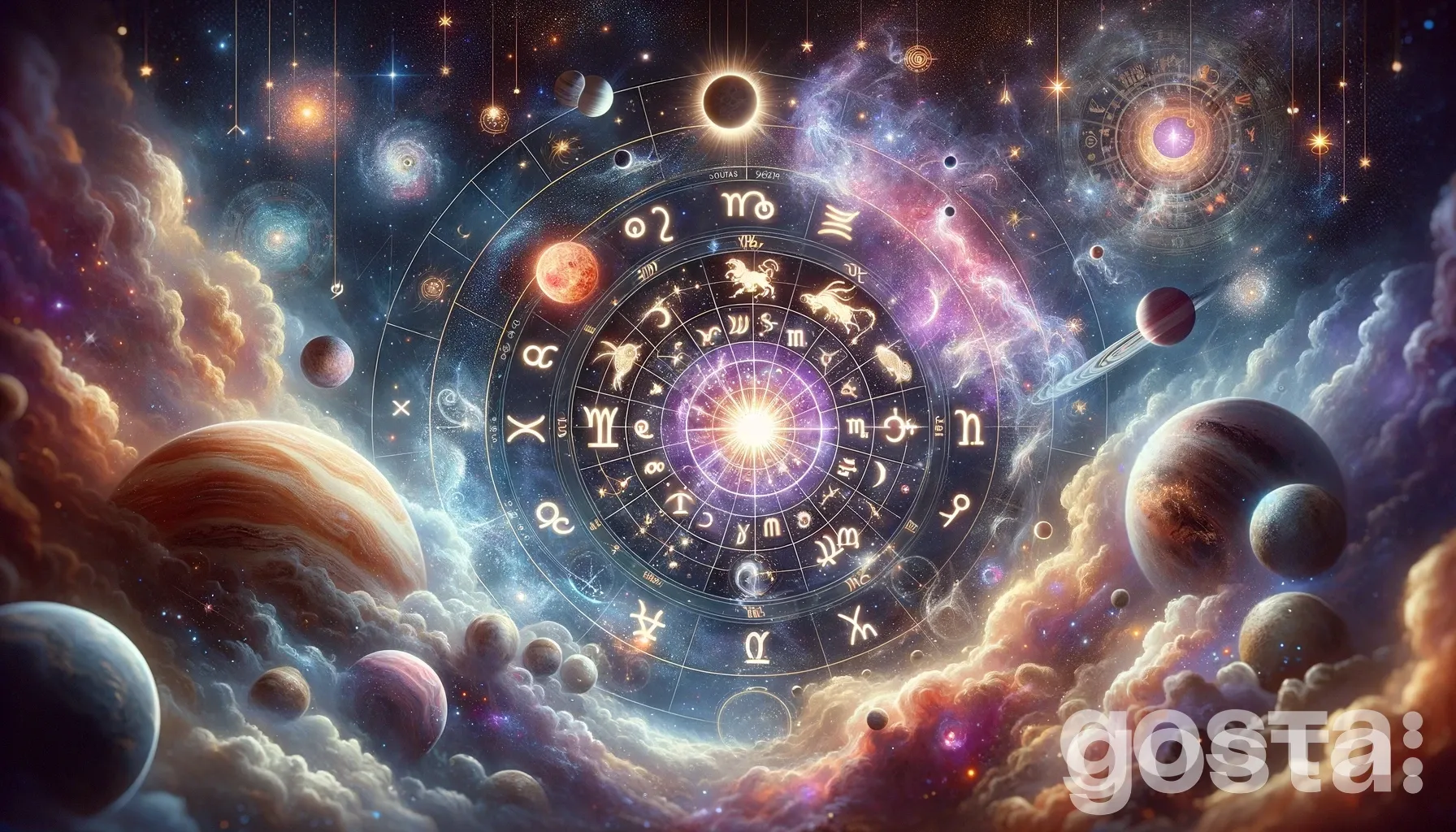 Зображення космічної тематики з зодіакальними сузір'ями та символами, зірками та планетами, що символізують астрологію та гороскопи