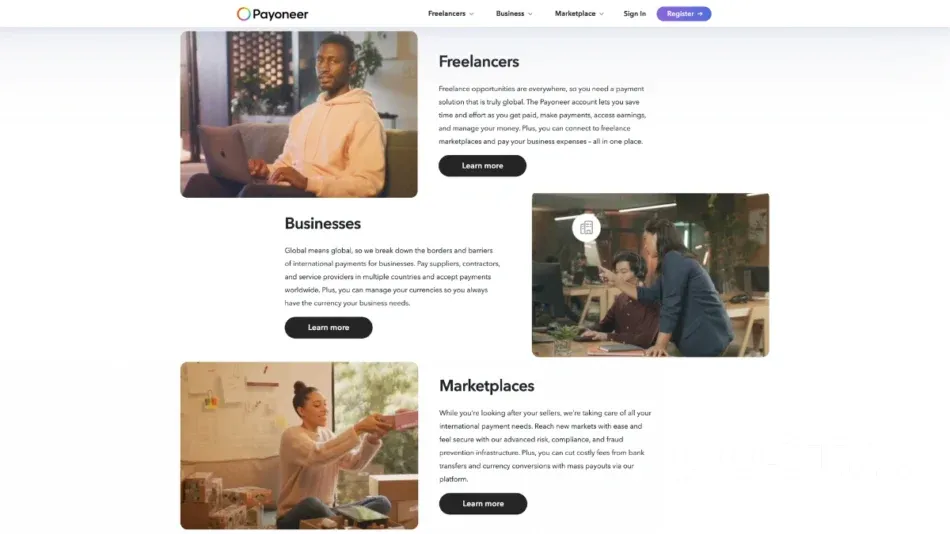 The main clients of the Payoneer payment system - freelancers, business, marketplaces