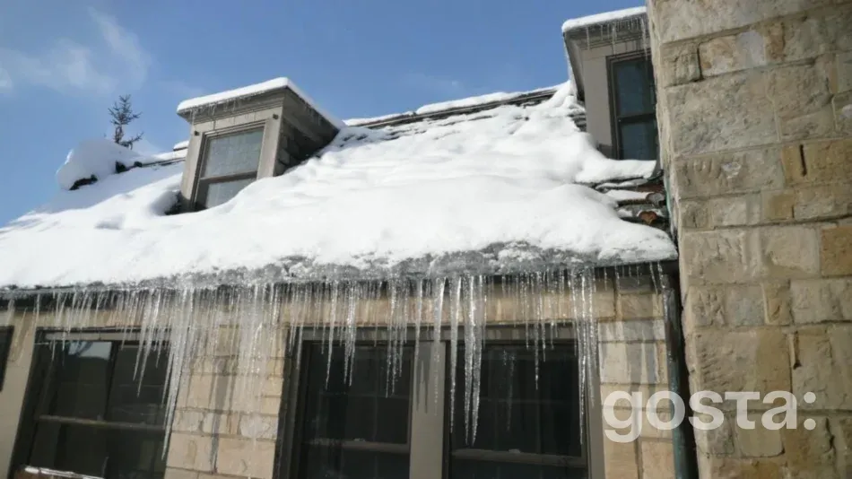 A residential home roof in early spring with melting snow