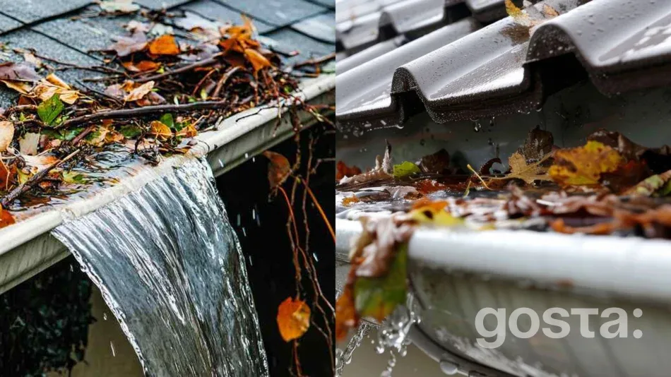 Close-up of clean versus clogged residential gutters