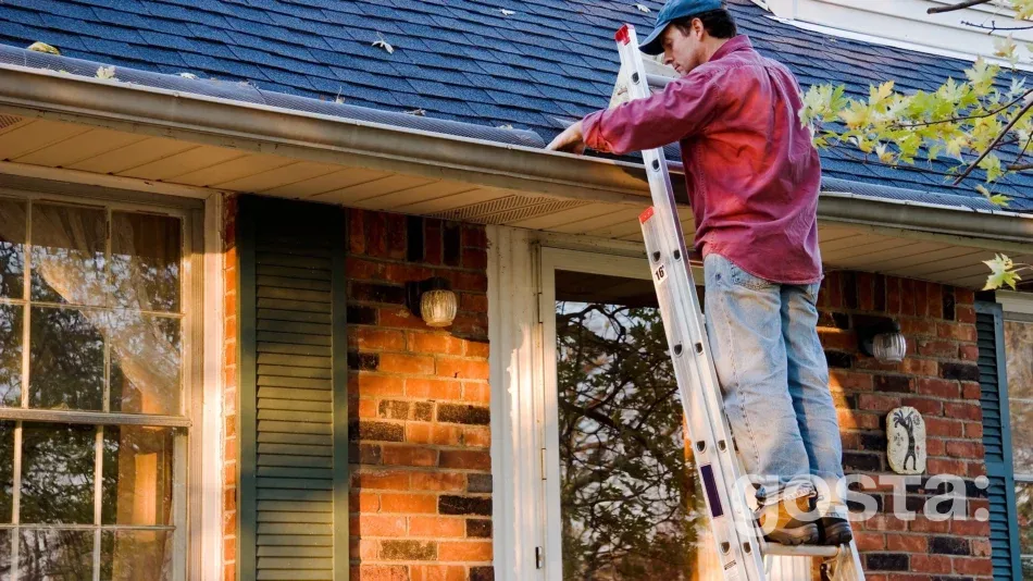 Homeowner visually inspecting a roof from the ground in spring
