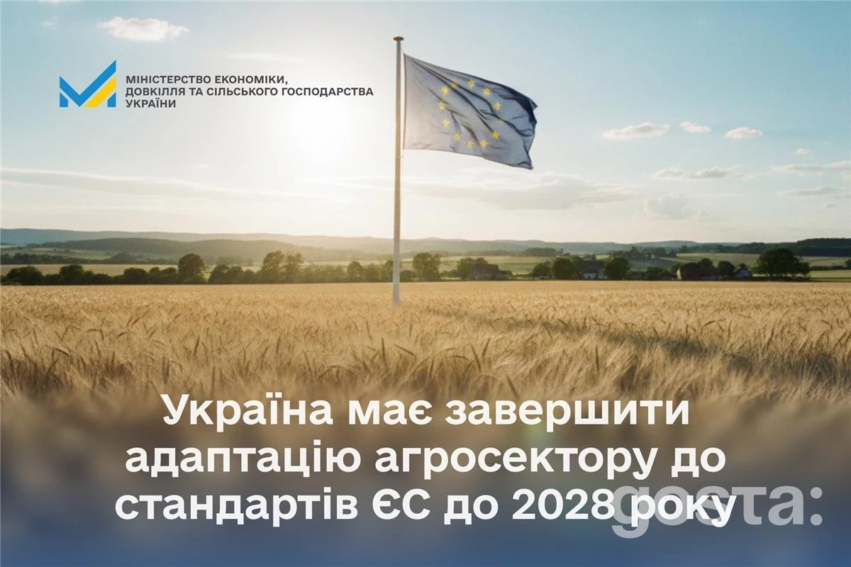 Пшеничне поле на тлі прапора ЄС, інформує про гармонізацію агросектору України до стандартів ЄС до 2028 року.